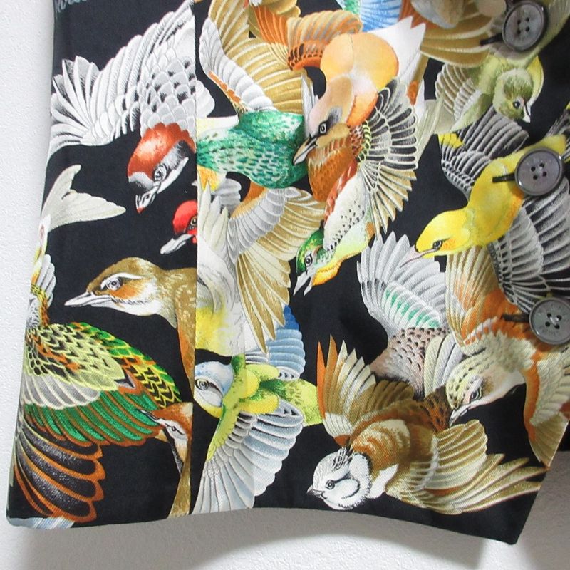 Hermes Vintage Bird Print Silk Gilet Vest Size 40 Black Ladies