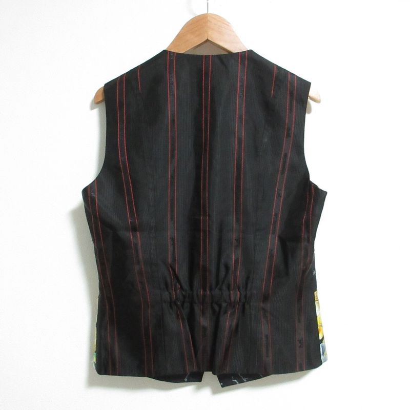 Hermes Vintage Bird Print Silk Gilet Vest Size 40 Black Ladies