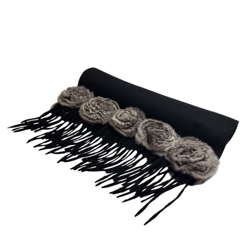 Fendi 100% Cashmere Muffler With Fur Corsage Black Ladies Used