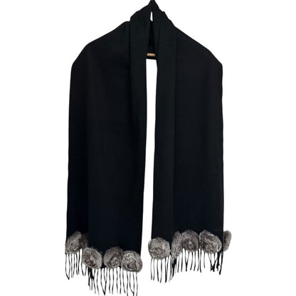 Fendi 100% Cashmere Muffler With Fur Corsage Black Ladies Used