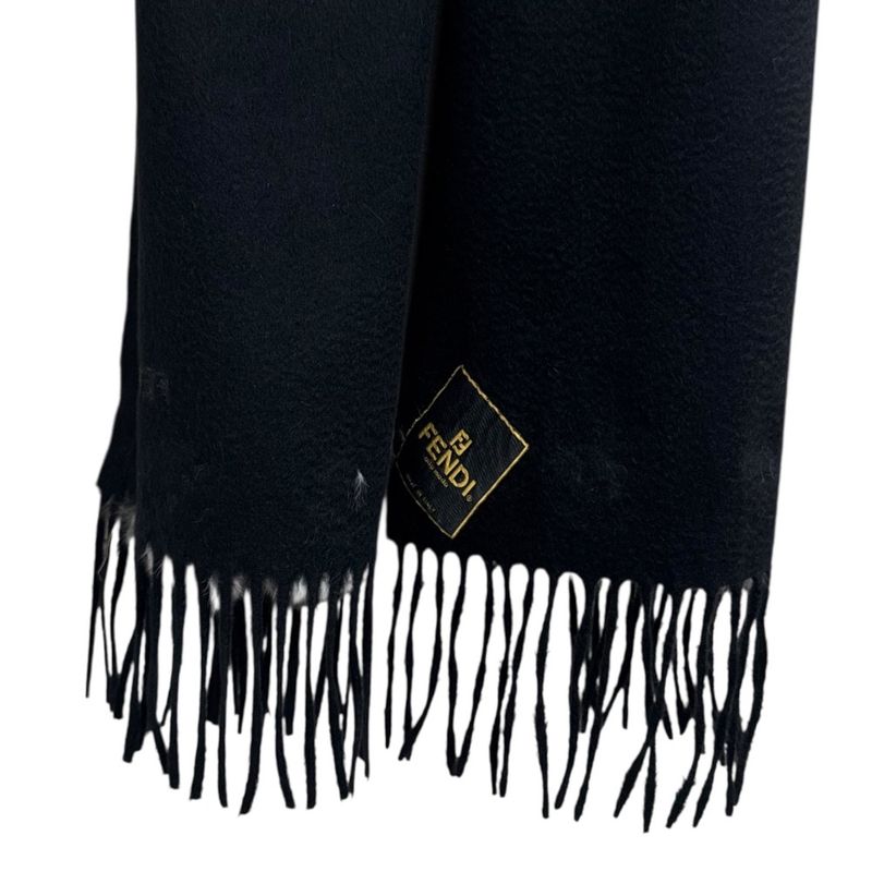 Fendi 100% Cashmere Muffler With Fur Corsage Black Ladies Used