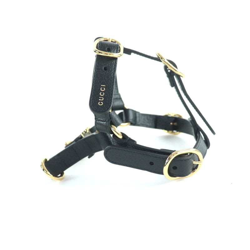 Gucci Leather Interlocking G Dog Torso Harness Black Gold Hardware S Box