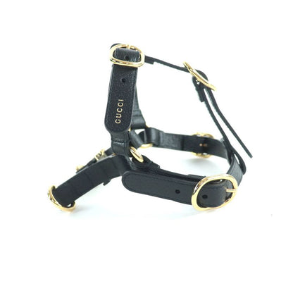 Gucci Leather Interlocking G Dog Torso Harness Black Gold Hardware S Box