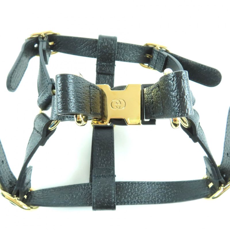 Gucci Leather Interlocking G Dog Torso Harness Black Gold Hardware S Box