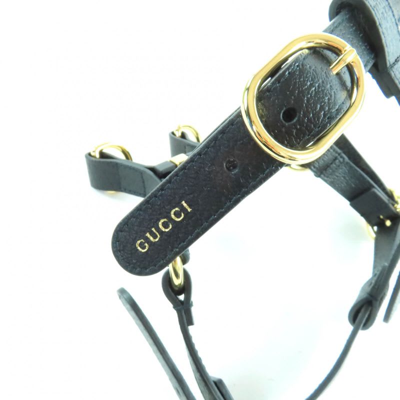 Gucci Leather Interlocking G Dog Torso Harness Black Gold Hardware S Box