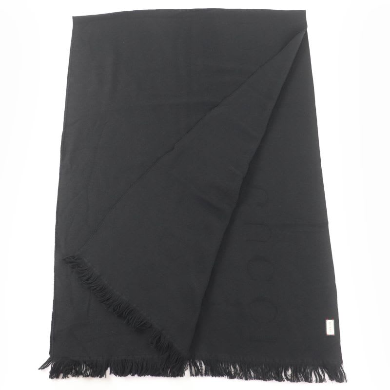 Gucci 100% Wool Logo Fringe Large Muffler Shawl Black 70 220 cm Scarf