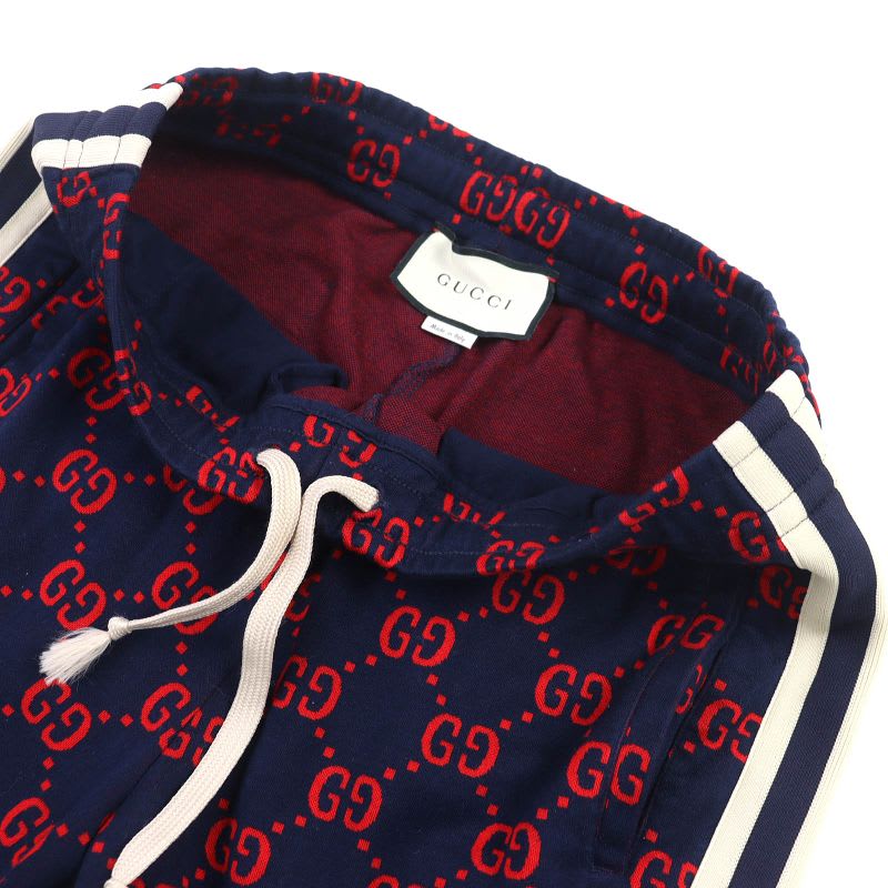 Gucci 100% Cotton GG Jacquard Track Pants Sweatpants Navy Red