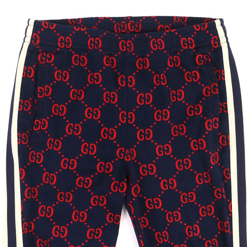 Gucci 100% Cotton GG Jacquard Track Pants Sweatpants Navy Red