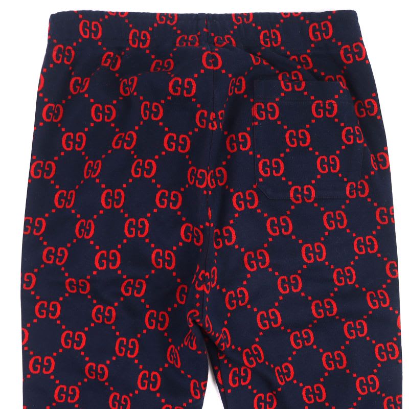 Gucci 100% Cotton GG Jacquard Track Pants Sweatpants Navy Red