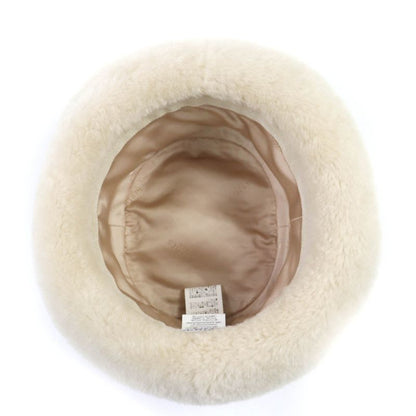 Hermes Herringbone Pattern Wool Cashmere Sheepskin Boa Hat Brown 57 Box