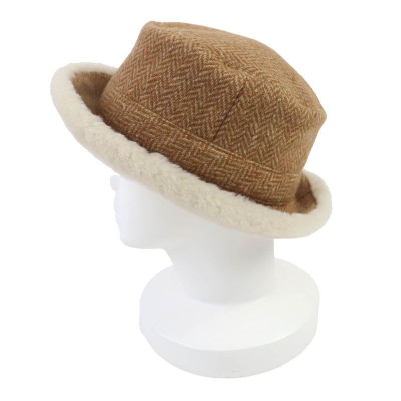 Hermes Herringbone Pattern Wool Cashmere Sheepskin Boa Hat Brown 57 Box