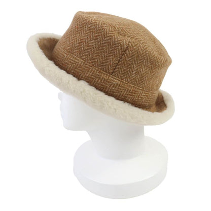 Hermes Herringbone Pattern Wool Cashmere Sheepskin Boa Hat Brown 57 Box