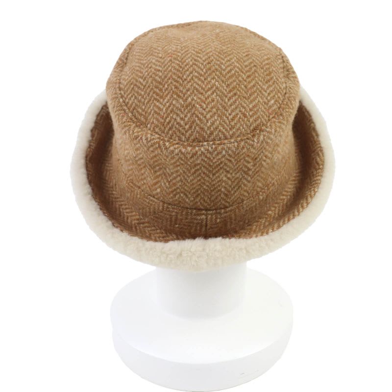 Hermes Herringbone Pattern Wool Cashmere Sheepskin Boa Hat Brown 57 Box
