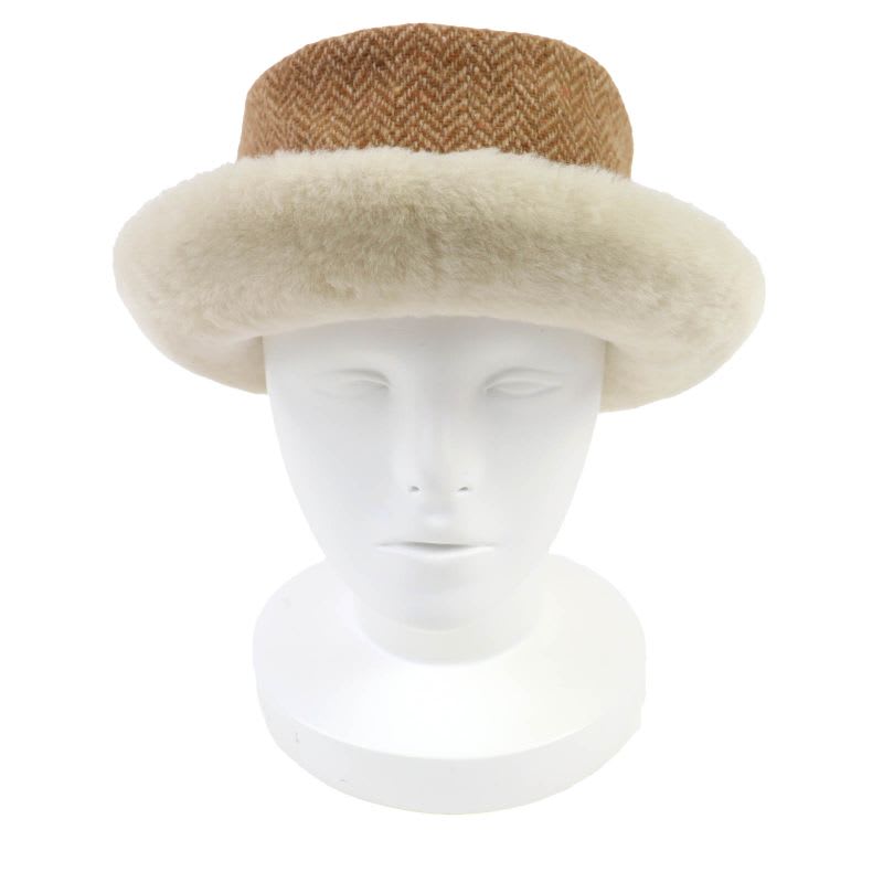 Hermes Herringbone Pattern Wool Cashmere Sheepskin Boa Hat Brown 57 Box