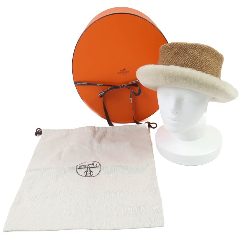 Hermes Herringbone Pattern Wool Cashmere Sheepskin Boa Hat Brown 57 Box