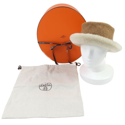 Hermes Herringbone Pattern Wool Cashmere Sheepskin Boa Hat Brown 57 Box