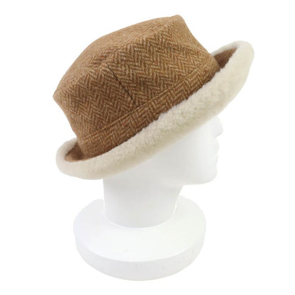 Hermes Herringbone Pattern Wool Cashmere Sheepskin Boa Hat Brown 57 Box