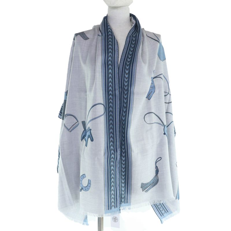 Hermes ET GRIS Rectangle Cashmere Silk Chine CIEL BLEU Shawl