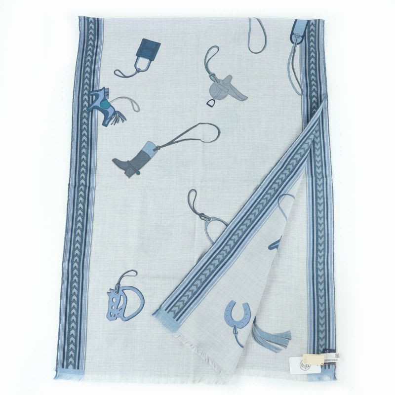 Hermes ET GRIS Rectangle Cashmere Silk Chine CIEL BLEU Shawl