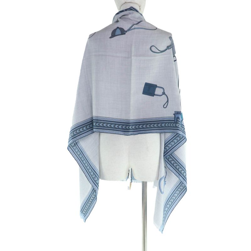 Hermes ET GRIS Rectangle Cashmere Silk Chine CIEL BLEU Shawl
