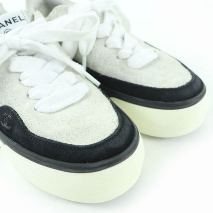 Chanel Coco Mark Lace Up Suede Leather Low-cut Sneakers White