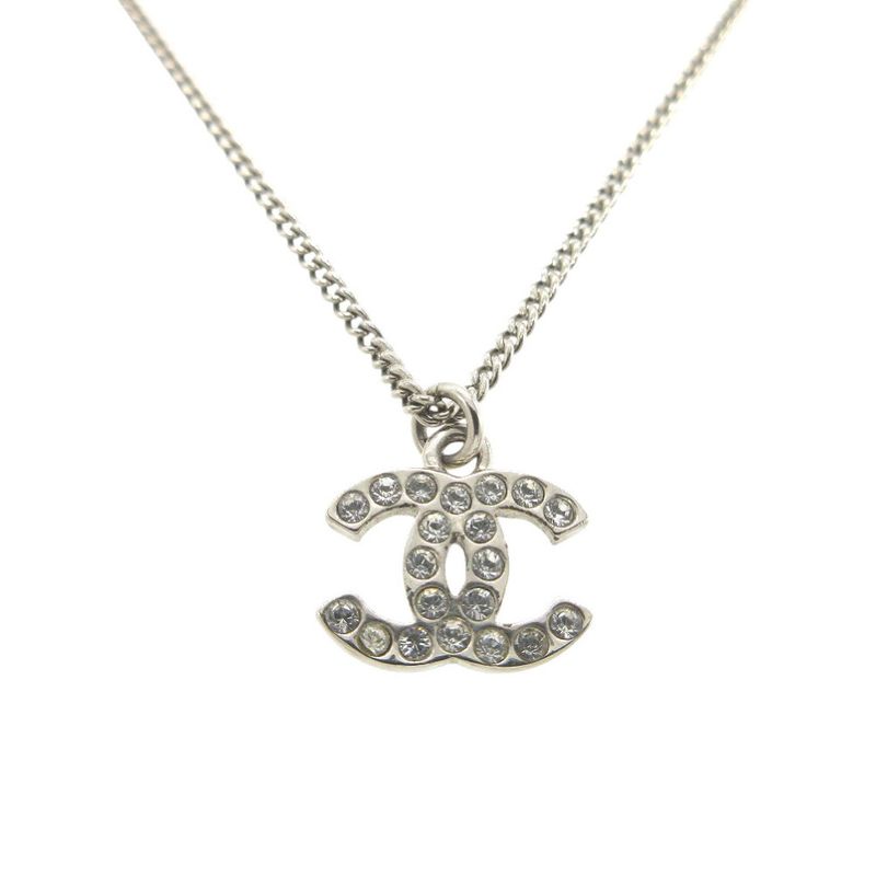 Chanel Cocomark C12v Necklace Metal Rhinestone Silver 0548 Chanel