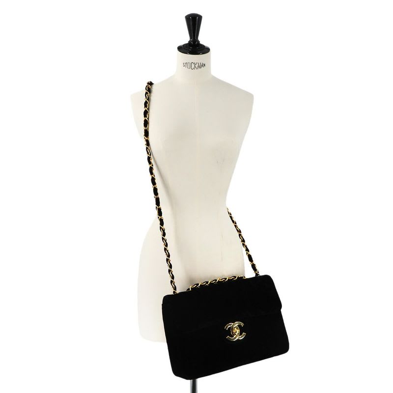 Chanel Mademoiselle Chain Shoulder Bag Velor Black Vintage Gold Hardware