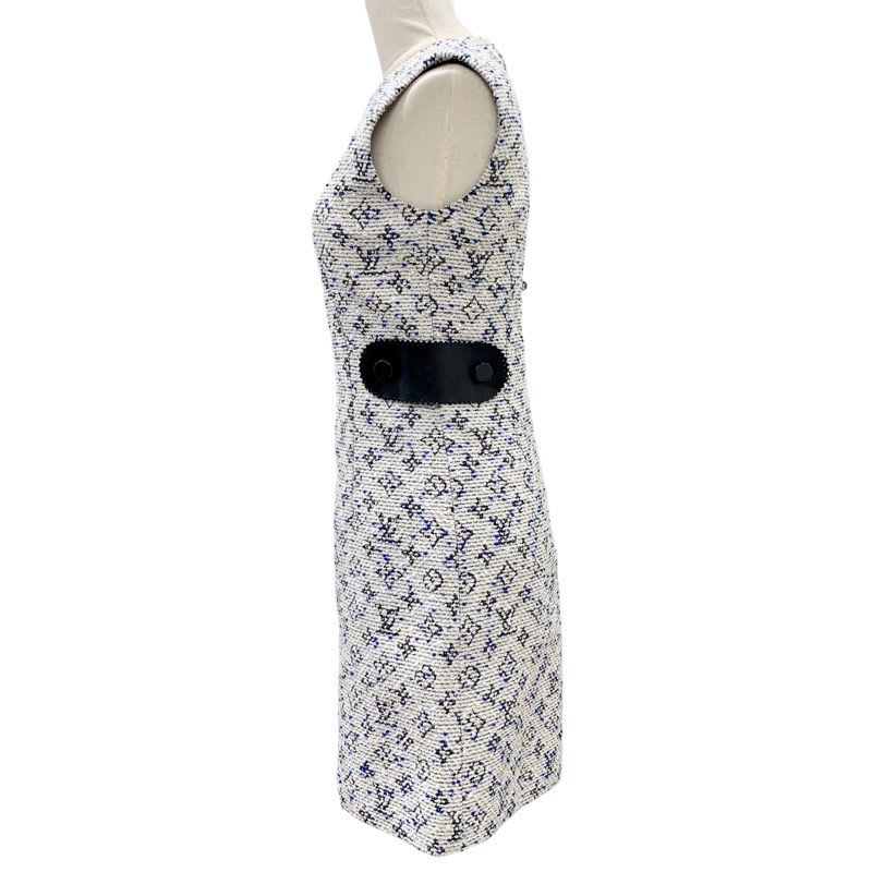 Louis Vuitton Monogram Dress White Blue Sleeveless Tweed
