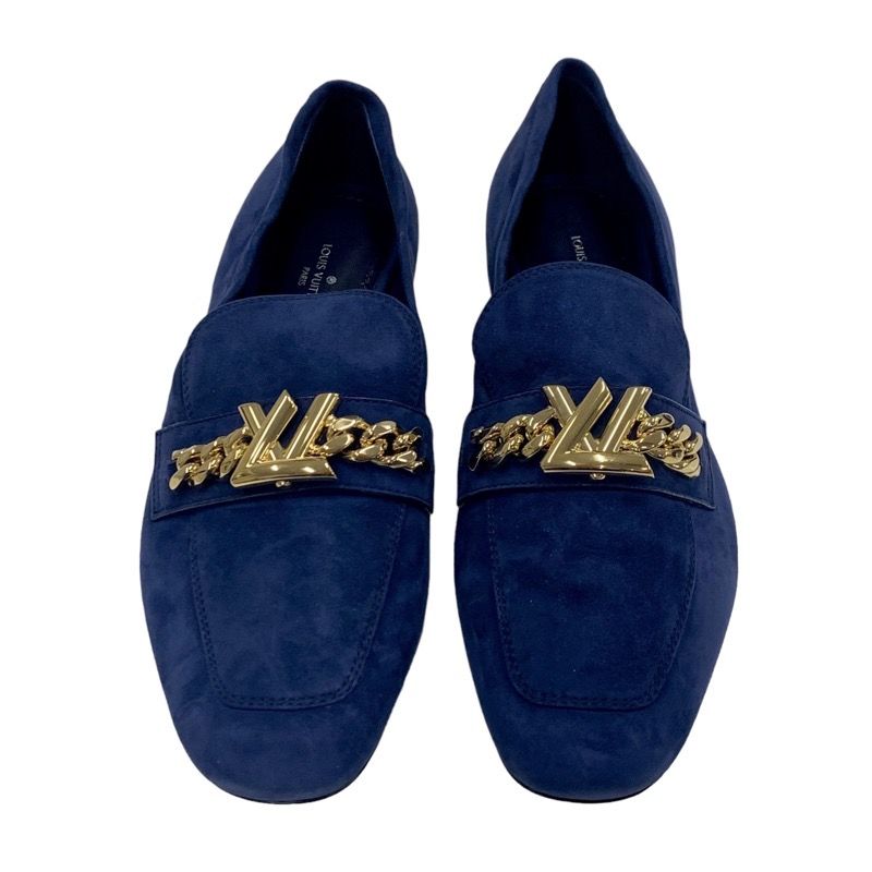 Louis Vuitton Upper Case Line Loafer Leather Shoes Suede Navy Gold Unused Chain