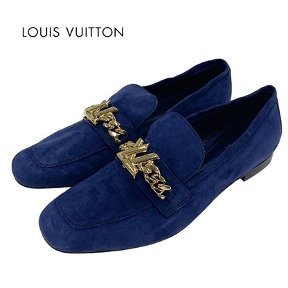 Louis Vuitton Upper Case Line Loafer Leather Shoes Suede Navy Gold Unused Chain