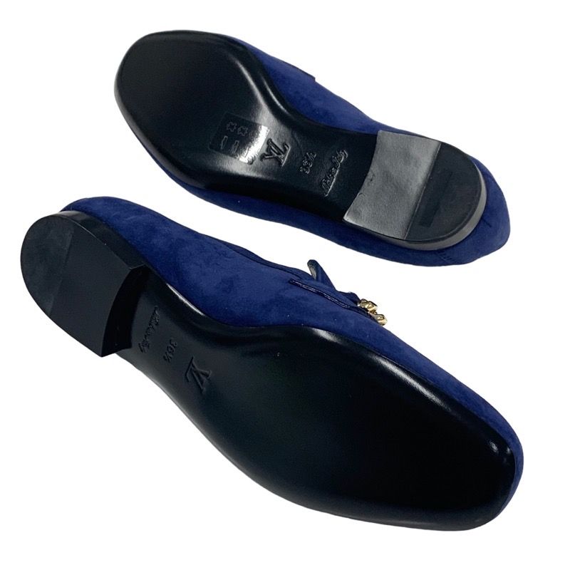 Louis Vuitton Upper Case Line Loafer Leather Shoes Suede Navy Gold Unused Chain