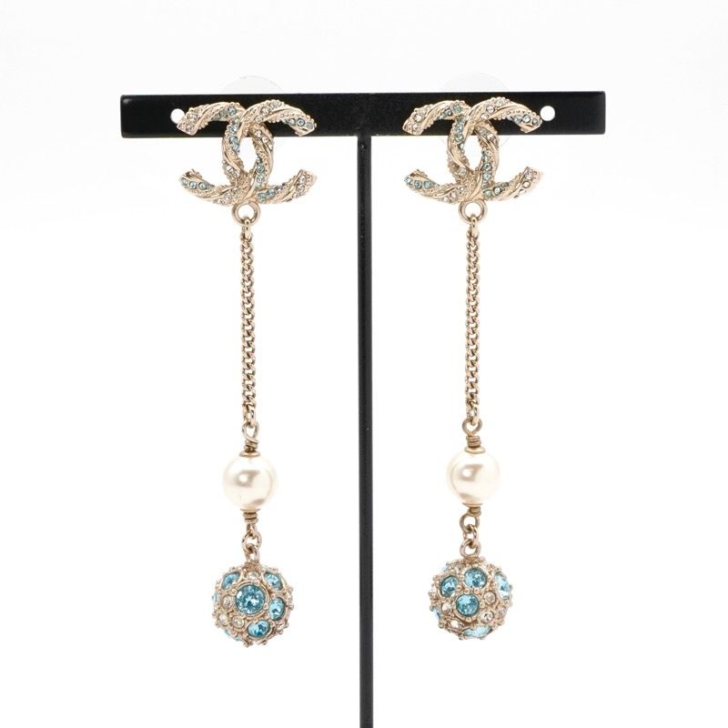Chanel Earrings Earring Gold Blue Coco Mark Rhinestone Pearl Dangling Chain Ball
