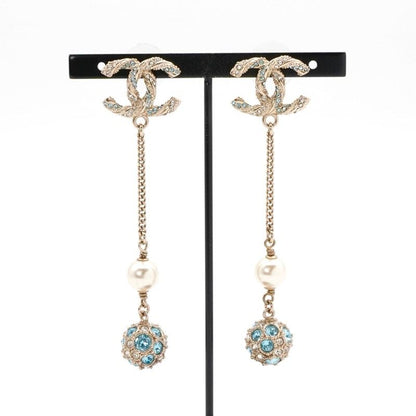 Chanel Earrings Earring Gold Blue Coco Mark Rhinestone Pearl Dangling Chain Ball