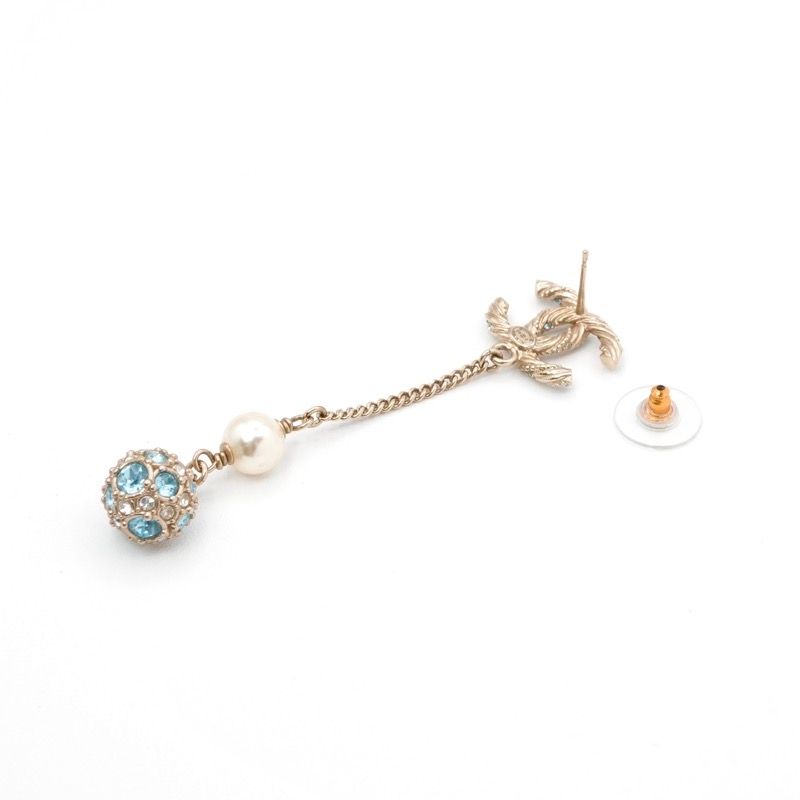 Chanel Earrings Earring Gold Blue Coco Mark Rhinestone Pearl Dangling Chain Ball