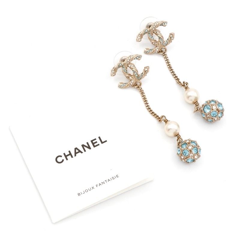 Chanel Earrings Earring Gold Blue Coco Mark Rhinestone Pearl Dangling Chain Ball