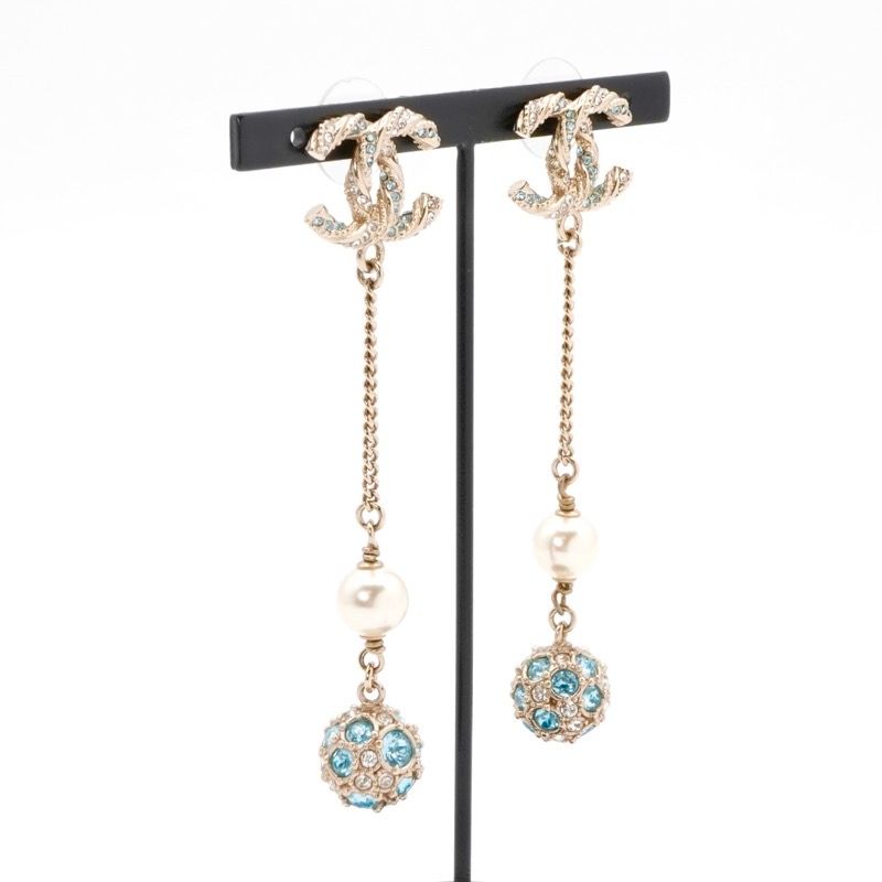 Chanel Earrings Earring Gold Blue Coco Mark Rhinestone Pearl Dangling Chain Ball