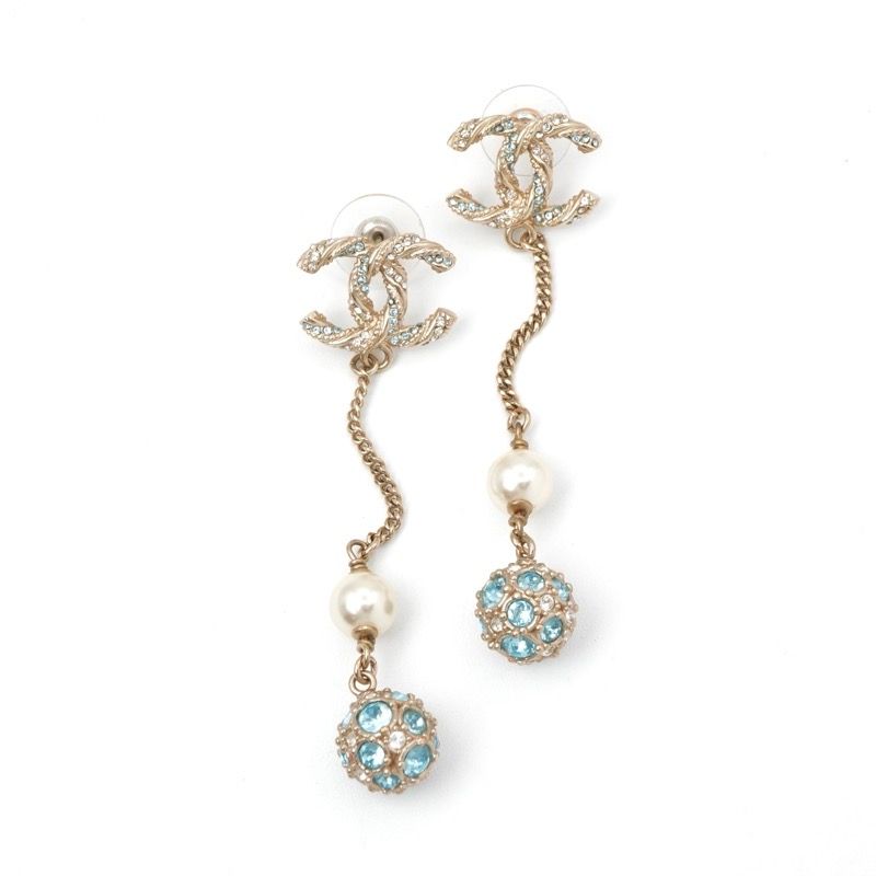 Chanel Earrings Earring Gold Blue Coco Mark Rhinestone Pearl Dangling Chain Ball