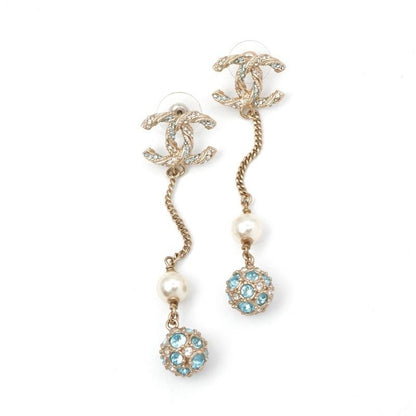 Chanel Earrings Earring Gold Blue Coco Mark Rhinestone Pearl Dangling Chain Ball