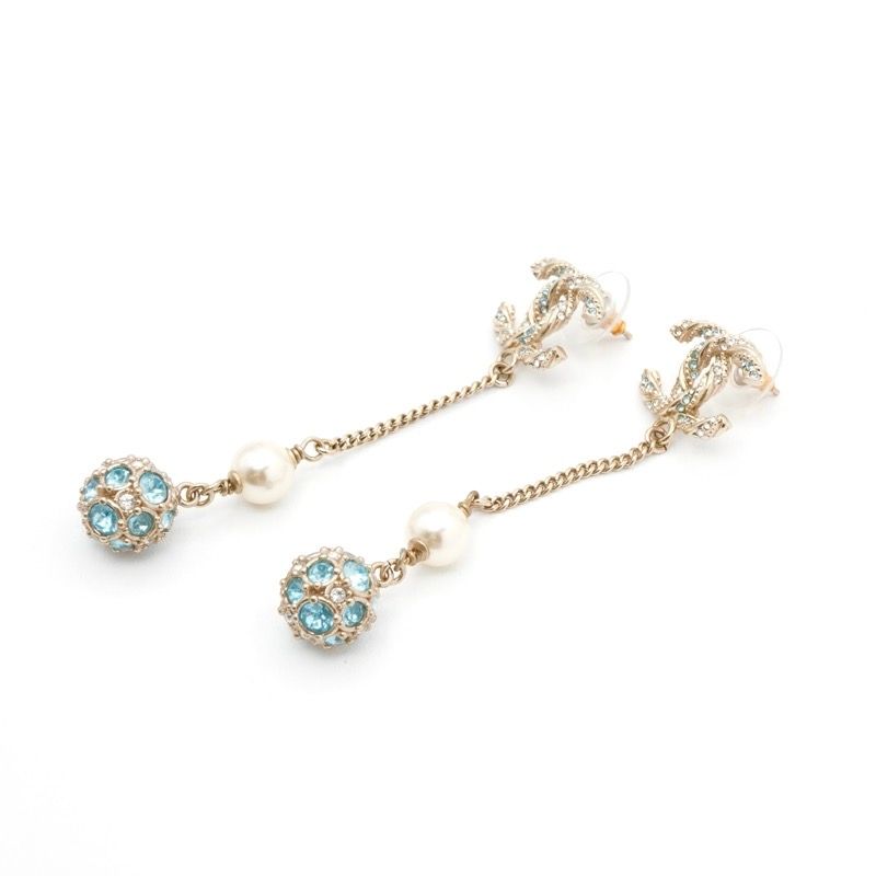 Chanel Earrings Earring Gold Blue Coco Mark Rhinestone Pearl Dangling Chain Ball