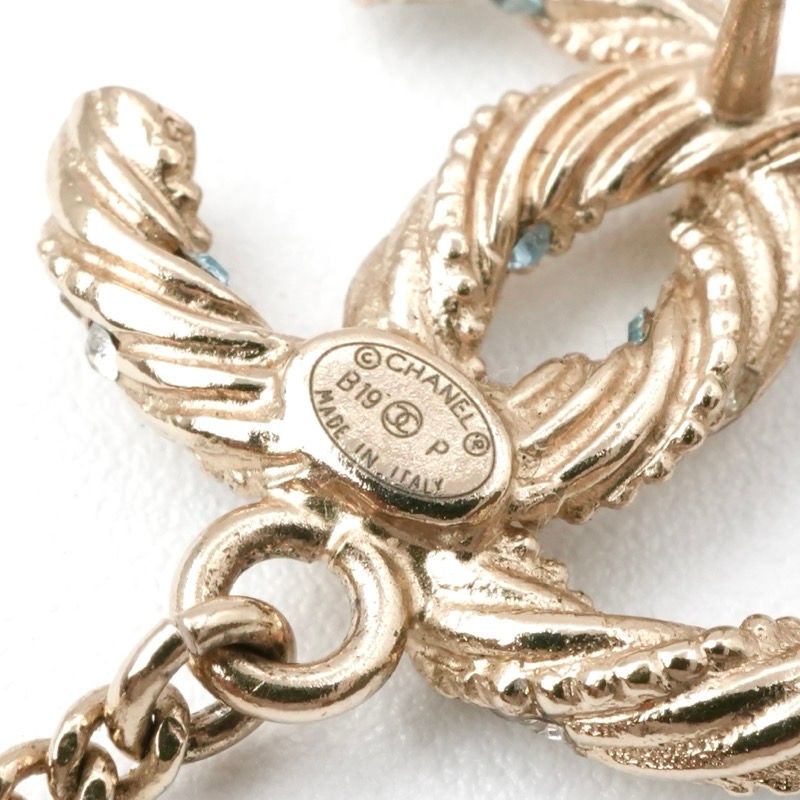 Chanel Earrings Earring Gold Blue Coco Mark Rhinestone Pearl Dangling Chain Ball