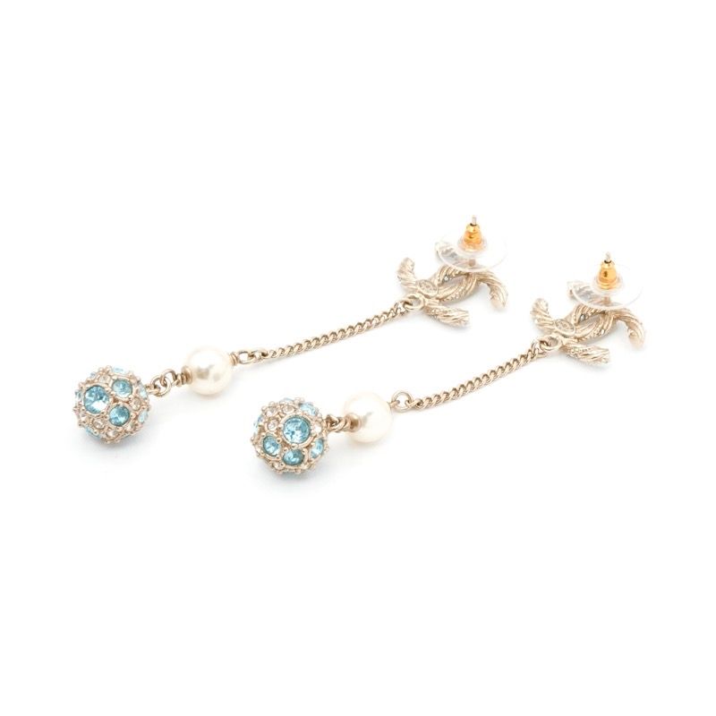 Chanel Earrings Earring Gold Blue Coco Mark Rhinestone Pearl Dangling Chain Ball