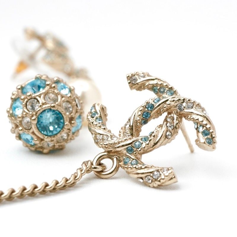 Chanel Earrings Earring Gold Blue Coco Mark Rhinestone Pearl Dangling Chain Ball