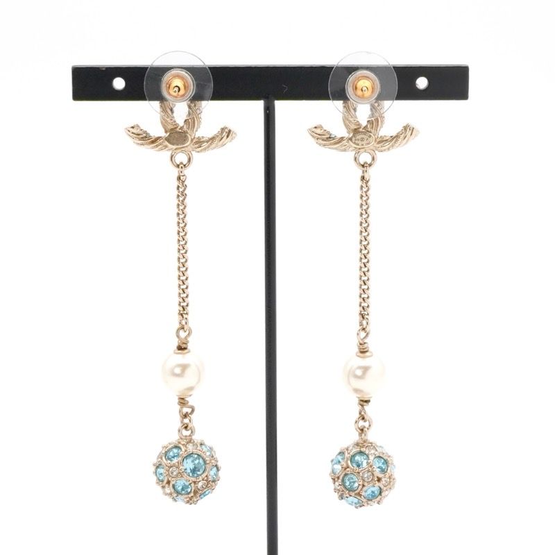 Chanel Earrings Earring Gold Blue Coco Mark Rhinestone Pearl Dangling Chain Ball