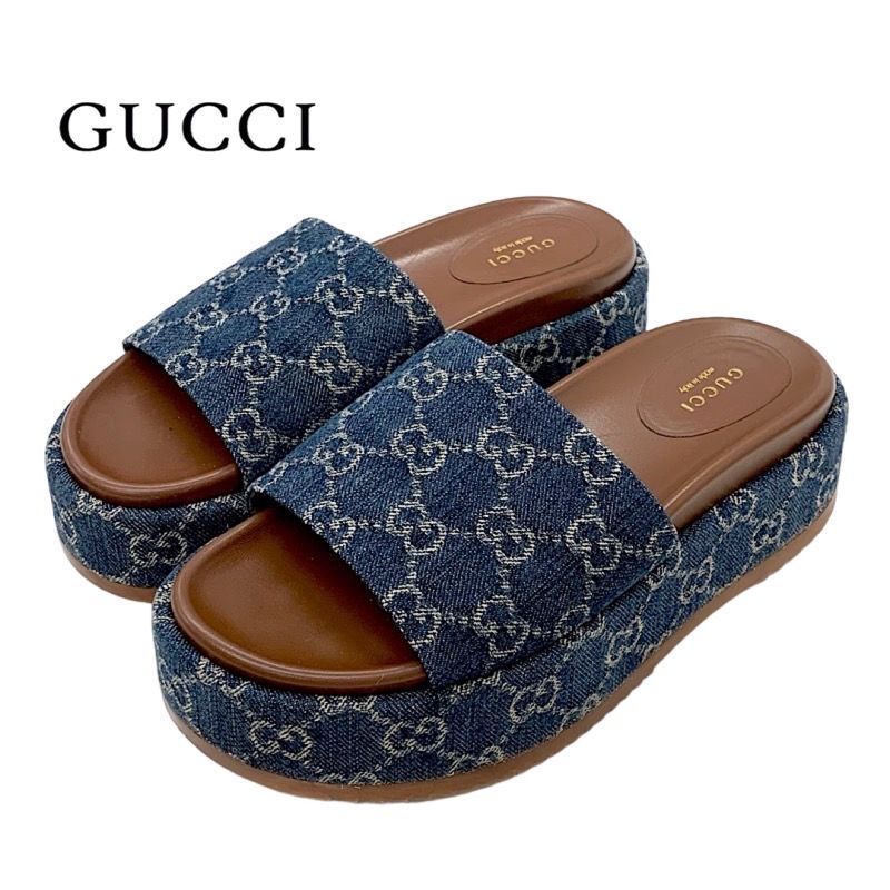 Gucci Sandals Shoes Denim Blue Brown GG Logo Platform Flat Sandals Mules