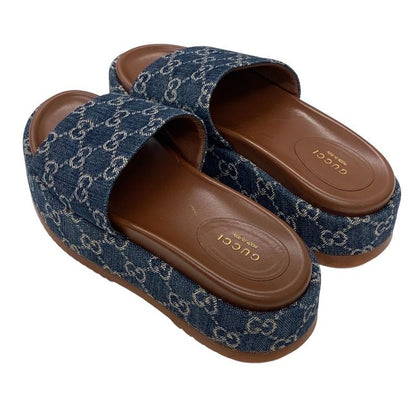 Gucci Sandals Shoes Denim Blue Brown GG Logo Platform Flat Sandals Mules