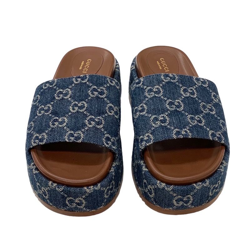 Gucci Sandals Shoes Denim Blue Brown GG Logo Platform Flat Sandals Mules
