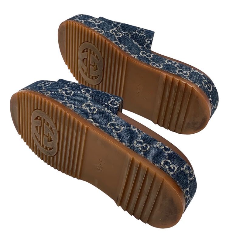 Gucci Sandals Shoes Denim Blue Brown GG Logo Platform Flat Sandals Mules