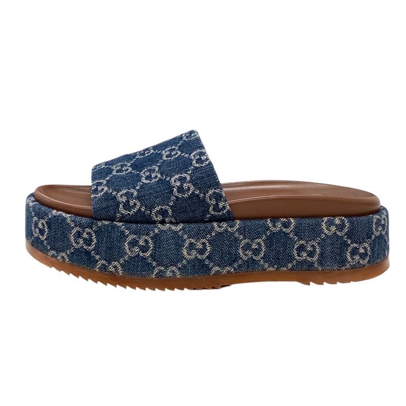 Gucci Sandals Shoes Denim Blue Brown GG Logo Platform Flat Sandals Mules