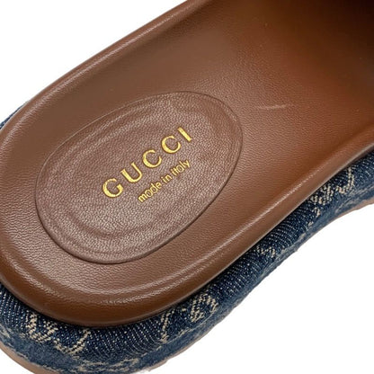 Gucci Sandals Shoes Denim Blue Brown GG Logo Platform Flat Sandals Mules