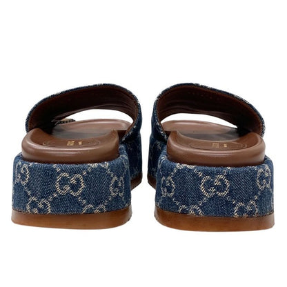 Gucci Sandals Shoes Denim Blue Brown GG Logo Platform Flat Sandals Mules